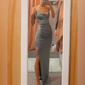 Windsor Dusty Blue Satin Cowl-Strap Maxi Dress